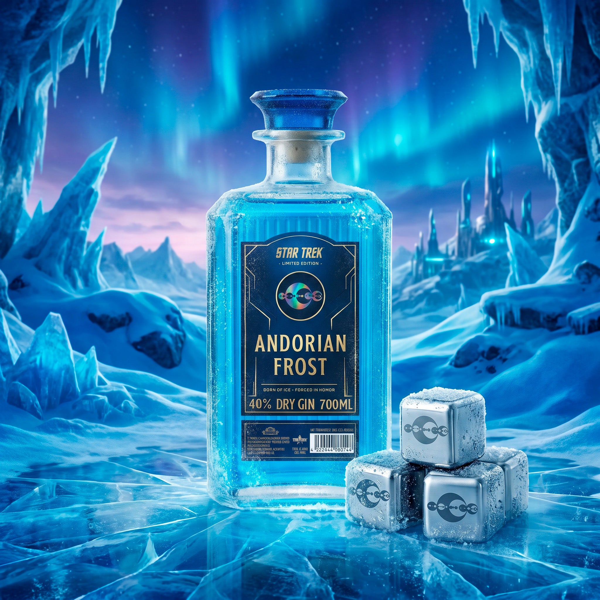 Limitiertes Star Trek Andorian Frost Gin Set mit Edelstahl Eiswürfeln
